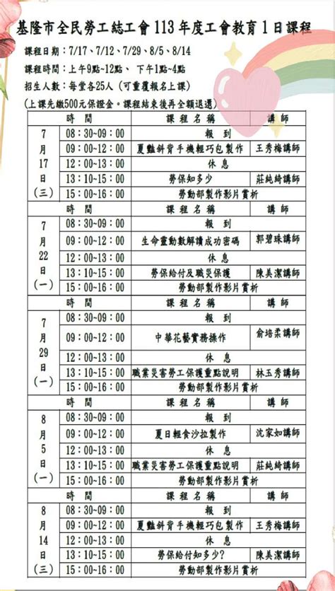 113年基隆市全民勞工總工會勞工一日教育訓練活動日期：2024 07 12 Beclass 線上報名系統 Online