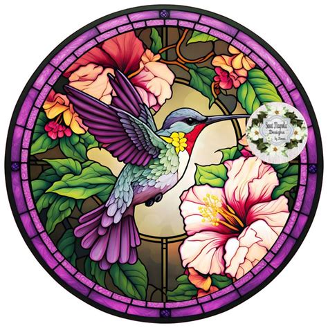 A Stained Glass Window With A Hummingbird And Flowers