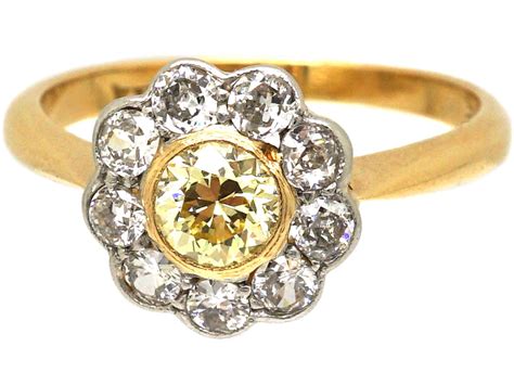 Edwardian Ct Gold Platinum Diamond Cluster Ring With A Yellow