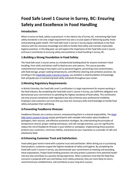 Food Safe Level 1 Course In Surrey BC Ensuring Safety And Excellence