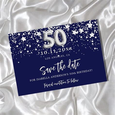 50th Birthday Navy Blue Silver Stars Save The Date Zazzle 50th