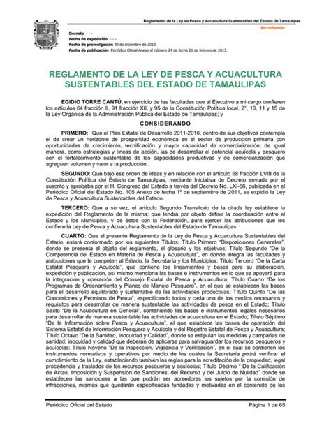 Reglamento De La Ley De Pesca Y Acuacultura Sustentables Del Estado