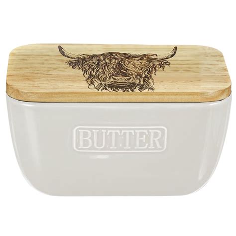 Scottish Made Highland Cow Butter Dish In White