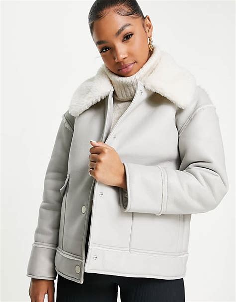 Miss Selfridge Faux Fur Collar Aviator With Front Pockets In Gray Asos