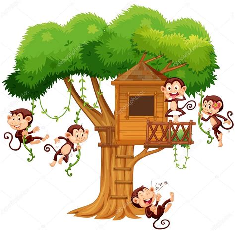 Monkeys playing at the treehouse — Stock Vector © interactimages #97032412