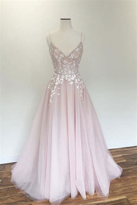 Light Pink V Neck Tulle Applique Long Prom Dress Pink Evening Dress