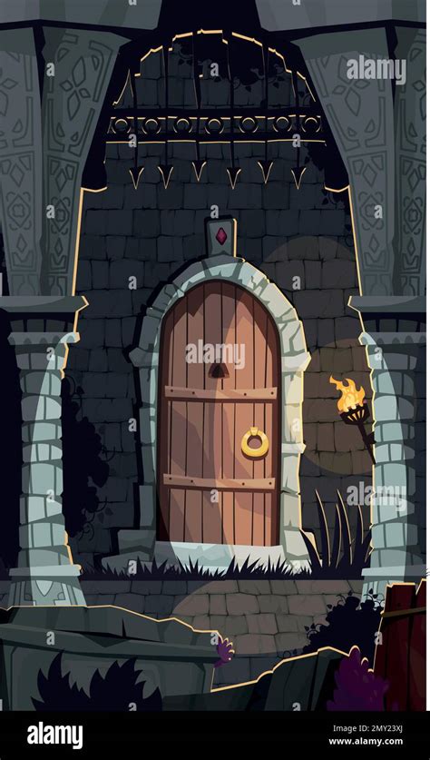 Dungeon cartoon poster with medieval castle door vector illustration hi ...