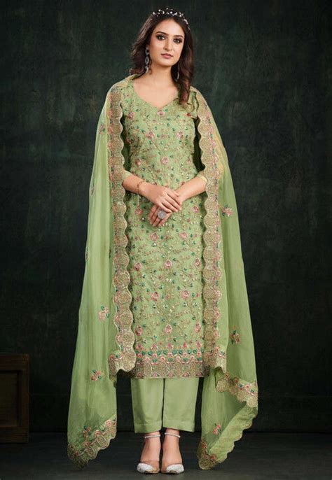 Buy Embroidered Organza Pakistani Suit In Light Green Online Kch