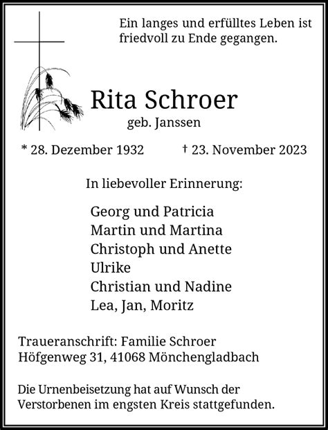 Alle Traueranzeigen für Rita Schroer trauer rp online de