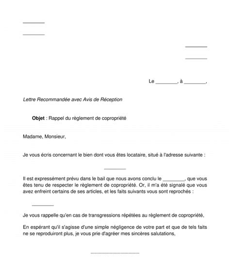 Rappel Du Règlement De Copropriété à Un Locataire