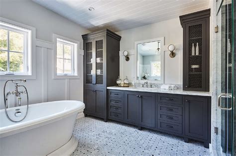 Black Bathroom Linen Cabinet With Metal Lattice Cabinet Doors Transitional Bathroom Atelier