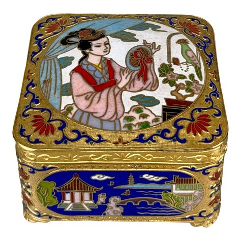 Vintage Chinese Cloisonne Brass And Enamel Figural Storage Box Chairish