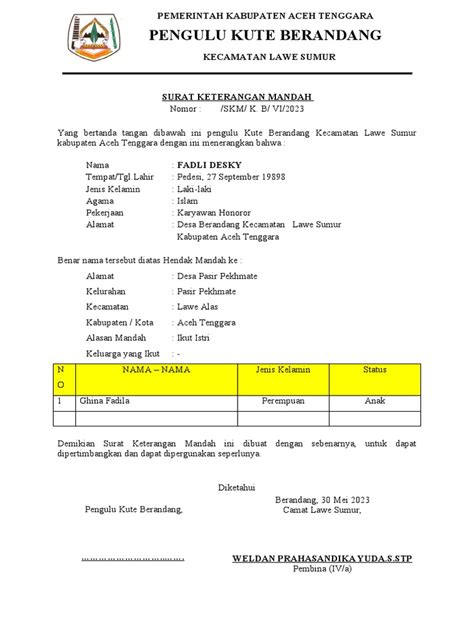 Surat Keterangan Mandah Kutacane Lama 2023 Pdf