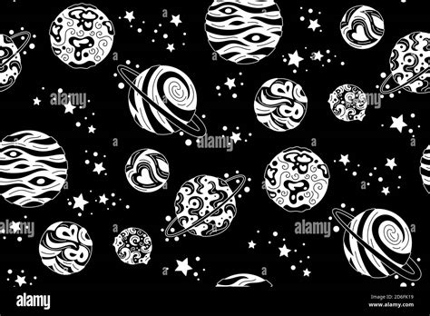 Planets Seamless Pattern Black And White Doodle Solar System Dark