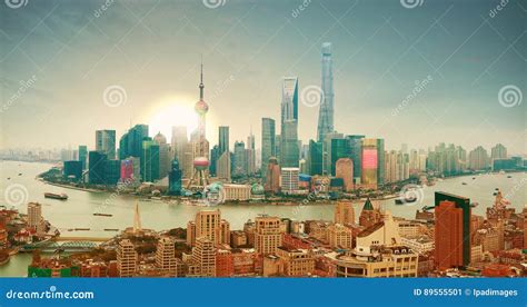 Aerial Photography at Shanghai Bund Skyline of Sunrise Stock Image ...