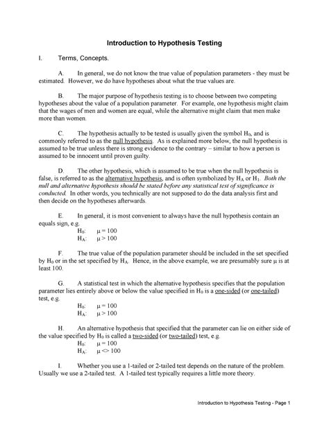 Hypothesis Testing Introduction To Hypothesis Testing I Terms