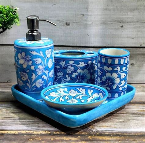 Handprinted Ceramic Bathroom Accessories Set Blue Pottery Etsy