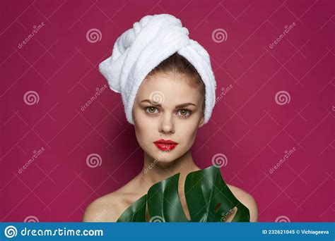 Beautiful Woman Bare Shoulders Red Lips Posing Spa Treatments Stock