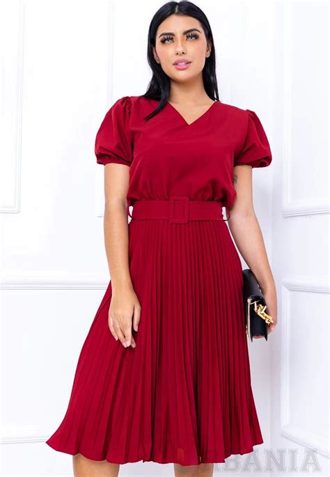 Vestido Plissado Vermelho Escuro Vinho Bordo Marsala Moda Feminina Midi