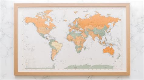 Framed World Map with Push Pins for Travel Tracking on Marble Wall ...