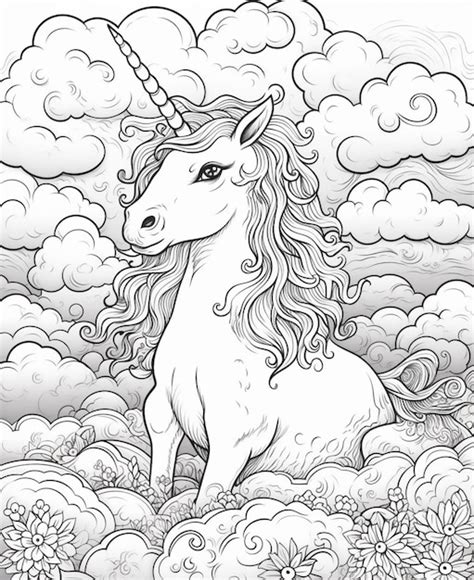 Un Dessin Noir Et Blanc D Une Licorne Dans Les Nuages Ai G N Rative