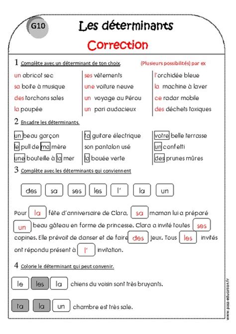 Déterminants Ce1 Exercices à imprimer Pass Education