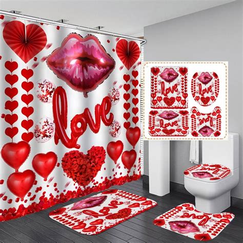 4 Pcs Valentine Shower Curtain Set With Non Slip Rug Toilet Lid Cover