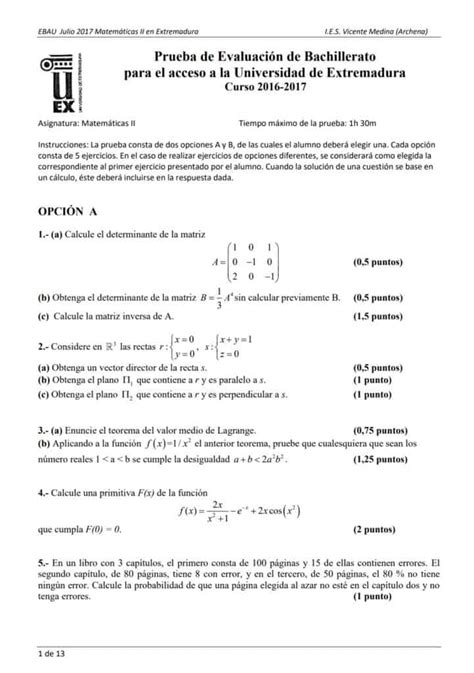 EBAU Matemáticas Extremadura Exámenes y Soluciones 2024