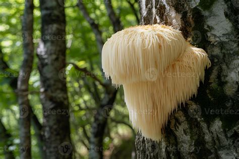 lions mane mushroom hericium erinaceus growing  tree   forest