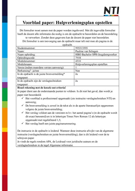 Paper Hulpverleningsplan Opstellen Voorblad Paper Hulpverleningsplan