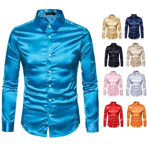 Men Satin Silk Shirt Casual Slim Wedding Party Dress Long Sleeve