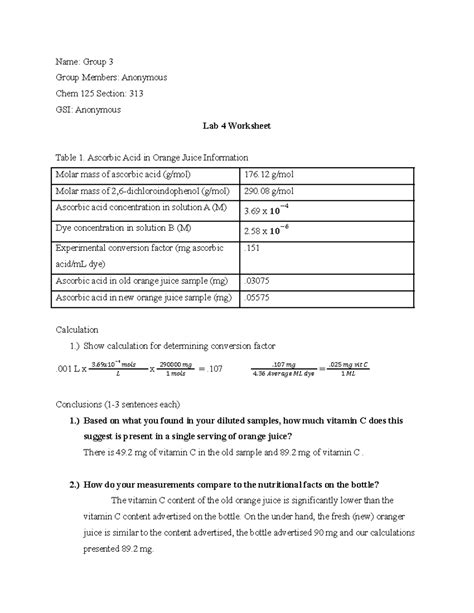 Chem 125 Lab 4 Vitamin C Worksheet Name Group 3 Group Members