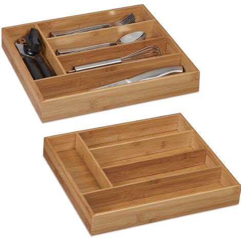 Relaxdays 2x Cutlery Tray 5 Compartments Bamboo 5x30x34 Cm Kitchen