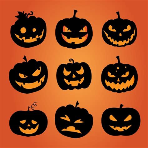 Colección de caras de calabaza negra de halloween Vector Premium