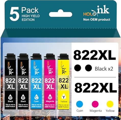 5 Pack 822xl Remanufactured Ink Cartridge Replacement For Epson 822 Ink Cartridges 822 Xl T822xl