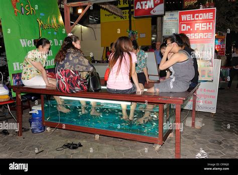 Khmer Women Getting A Foot Massage From Doctor Fish At The Roadside