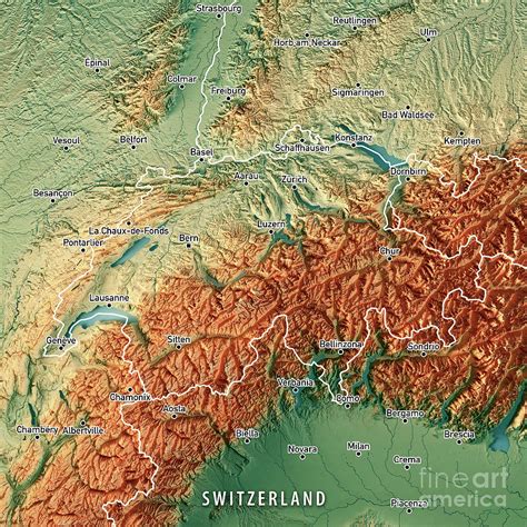 Switzerland Country 3D Render Topographic Map Border Cities Digital Art ...