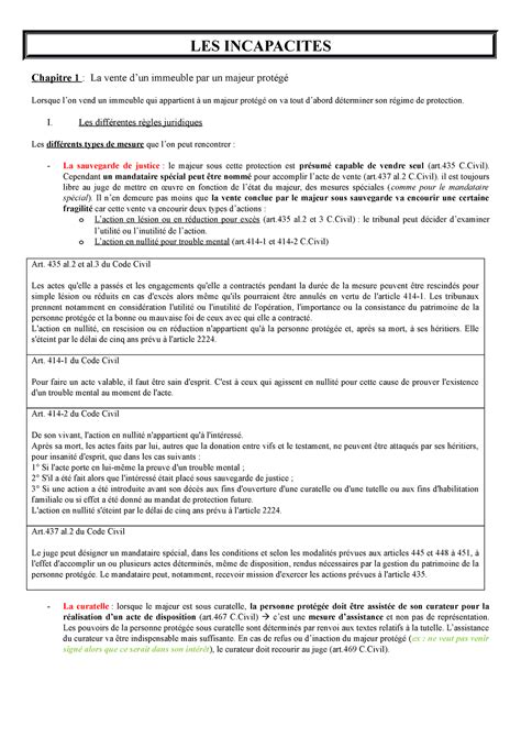 Les incapacités LES INCAPACITES Chapitre 1 La vente dun immeuble