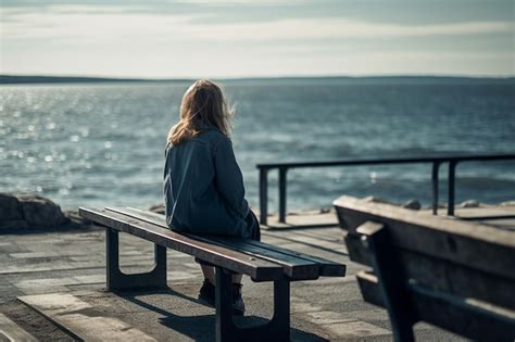 premium ai image  lonely girl sitting   bench   sea view