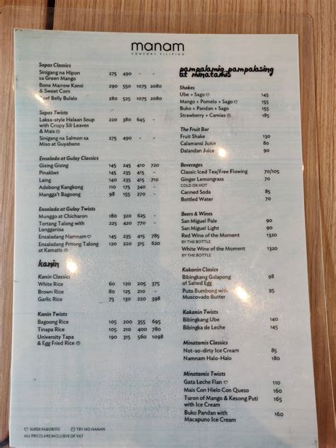 Carta Del Restaurante Manam Sm Baguio Baguio