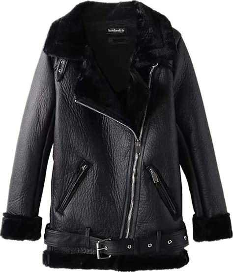 Newbestyle Womens Faux Leather Moto Jacket Warm Sherpa Lined Oversized