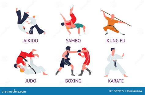 Men Doing Different Kinds Of Asian Martial Arts With Titles Stock