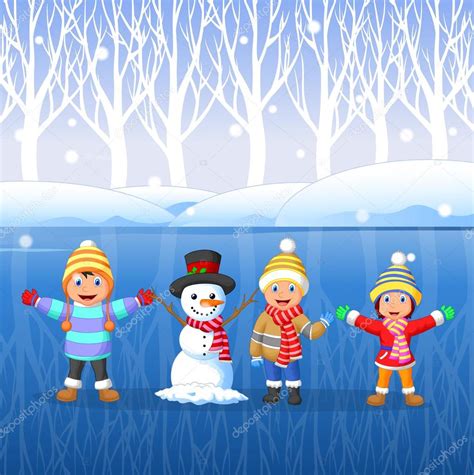 Niños de dibujos animados jugando en la nieve en invierno Stock Vector