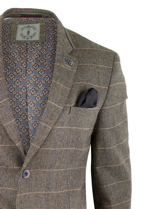 Mens Oak Brown Vintage Check Herringbone Tweed Blazer Jacket Or