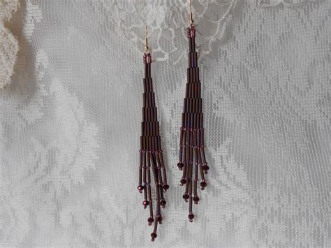 Long Bugle Bead Fringe Earrings Brick Stitch Fire Polish Crystal