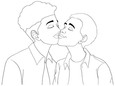 Doodle de contorno de beijo de desenho animado de casal gay Vetor Grátis