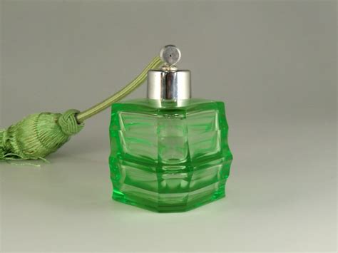 Bohemian Czech Art Deco Hand Cut Glass Green Perfume Bottle Etsy