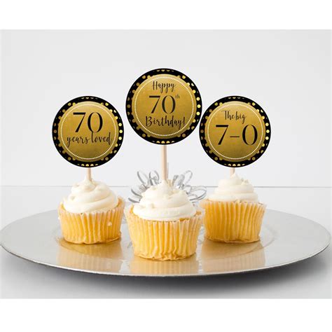 70th Birthday Cupcake Toppers Gold And Black Theme Instant Etsy