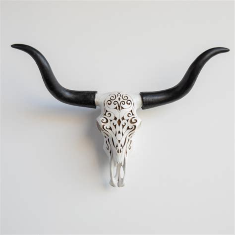 Faux Large Carved Texas Longhorn Skull Wall Decor Off White And Black Southwestern Wall