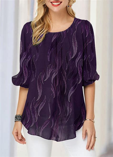 Rotita Three Quarter Sleeve Round Neck Printed Blouse Rotita